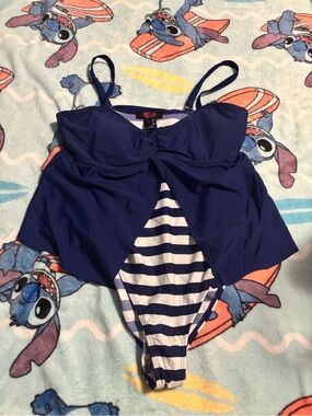 ACX Navy Blue One-Piece Swimdress with Striped Bottom